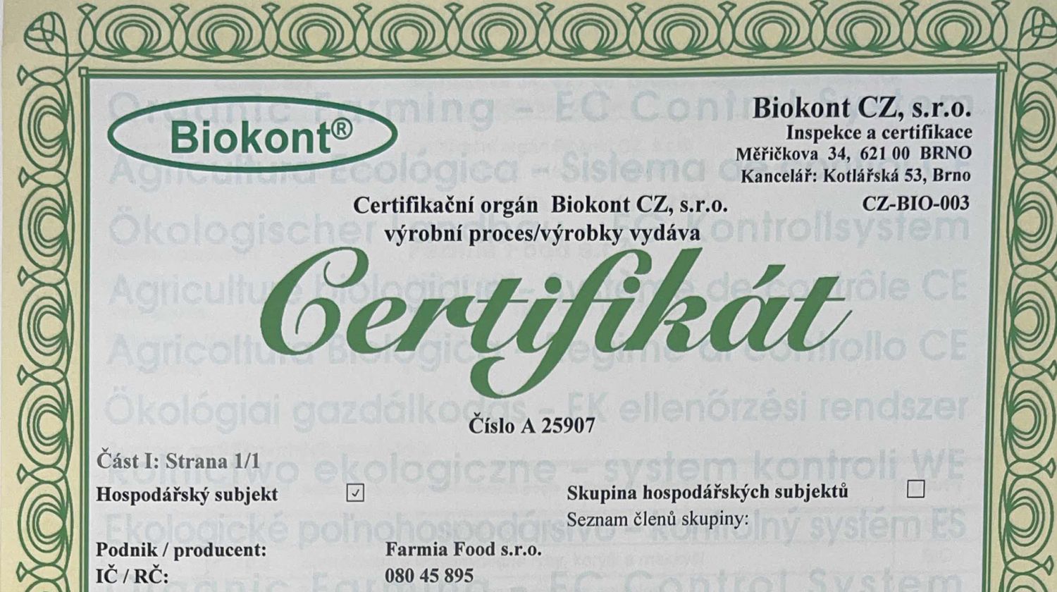 Farmia Food dostala certifikaci BIO