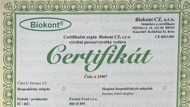 Farmia Food dostala certifikaci BIO